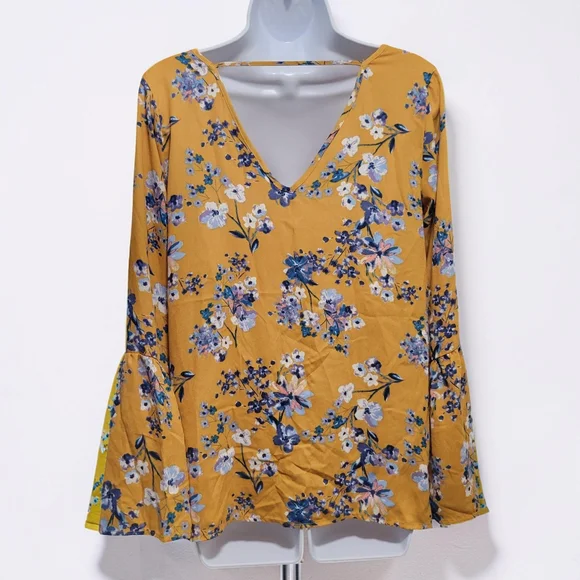 Pink Rose Mustard Floral Button-Front Tie-Hem Blouse - Picture 2 of 9